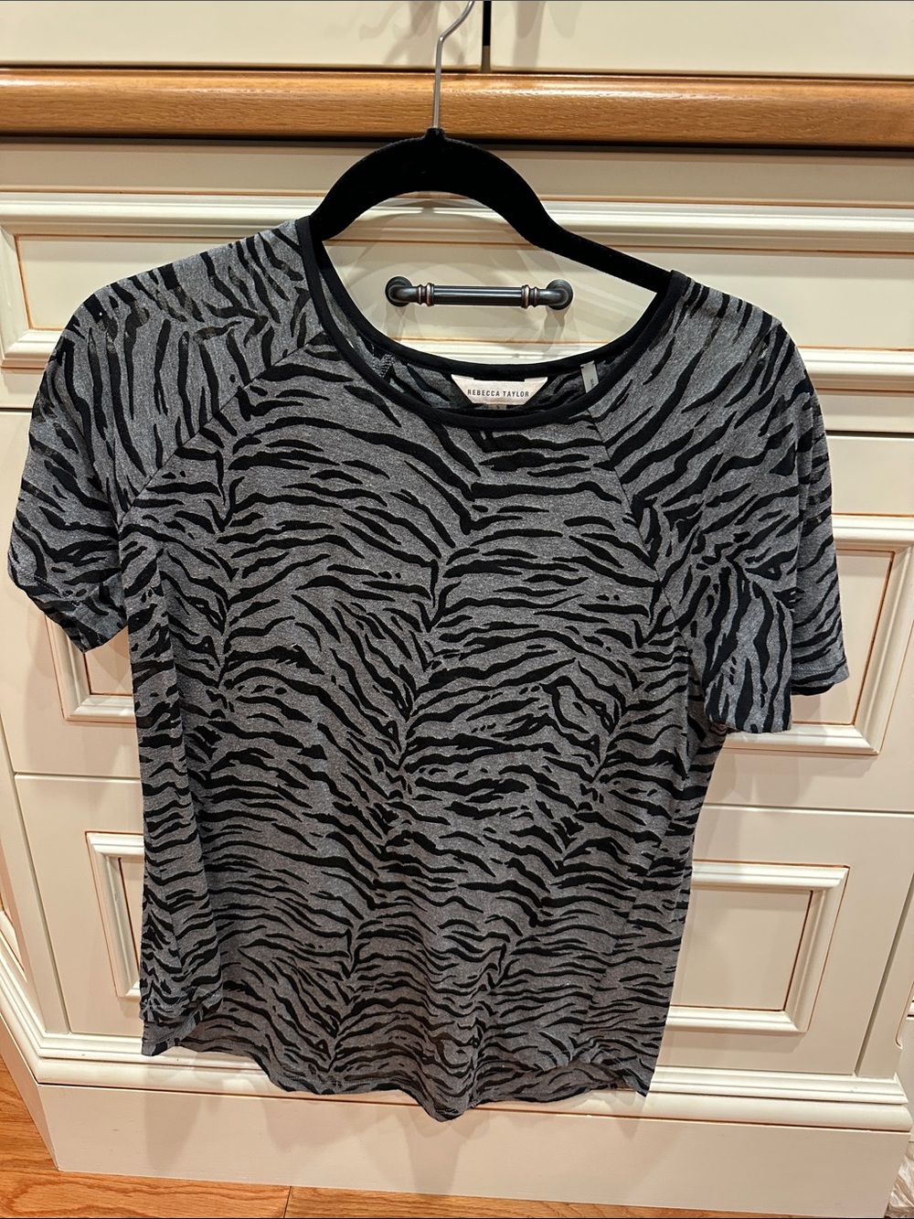 Rebecca Taylor Black & Gray Zebra-Print Short Sleeve Tee with Contrast Neck